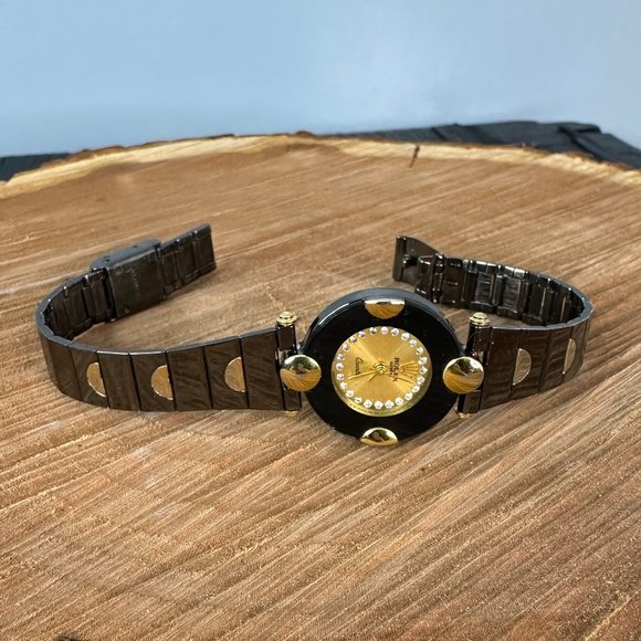 Designer Womens Gold Rhinestones Stainless Steel Black Watch main image 4
